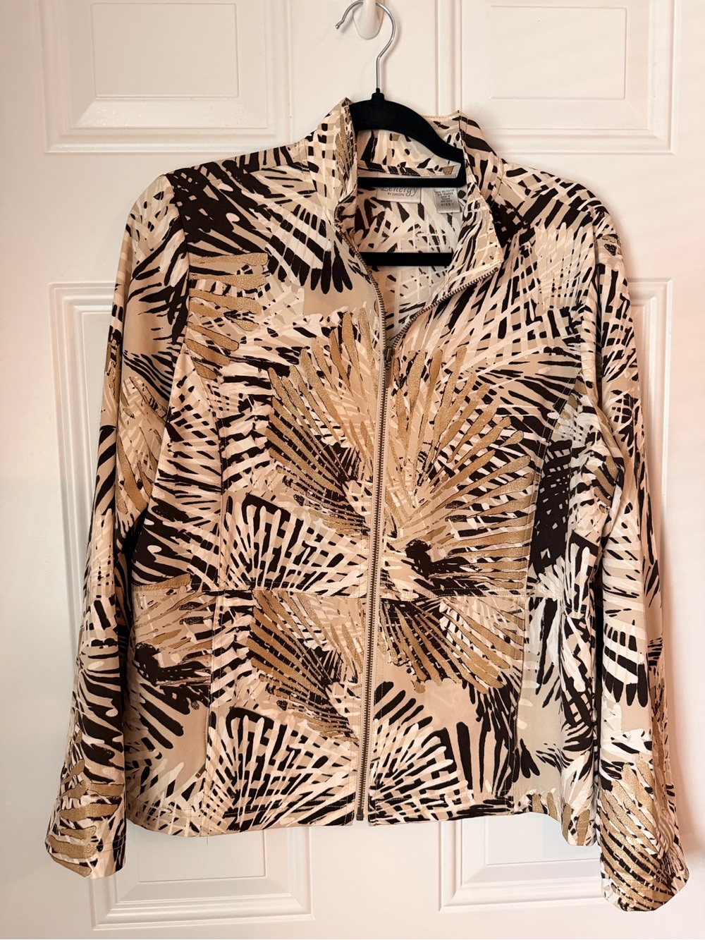 Abstract Palm-Print Zip Bomber Jacket in Beige and Brown